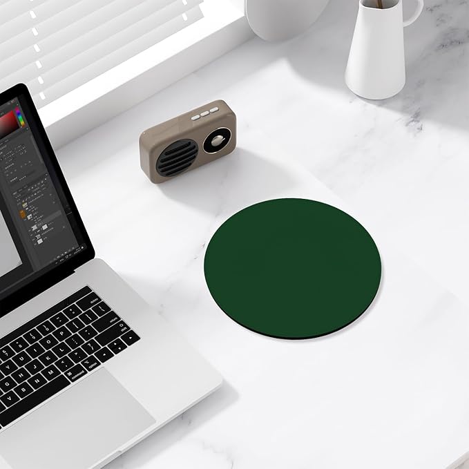 Leather Mouse Pad, Office Mouse Mat Non-Slip Rubber Base Stitched Edge Washable Waterproof Round Mousepad for Office Gaming PC Laptop, Round Diameter 8.7 inches, Dark Green