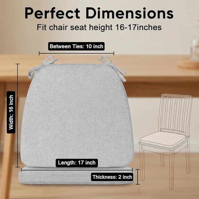 Chair Cushions Set of 1, D-Shaped Seat Cushion for Chair, Non Slip Chair Pads with Ties, 17" x 16" x 2", 40D Foam, Removable Washable Cover, Seat Cushions for Kitchen Chairs, Light Grey