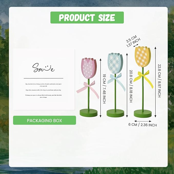 Smile 3Pcs Spring Tulip Wooden Signs - Rustic Farmhouse Floral Tabletop Insert Decor, Colorful Plaid Floral Block Tabletop Plaques for Home Decor