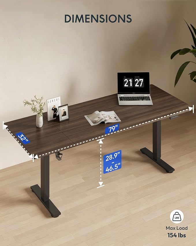 FLEXISPOT 79x32 Inch Electric Large Standing Desk for Home & Office, Spacious Splice Board Desk with Cable Management & Organizer, Cup Holder & Hook, Black Walnut