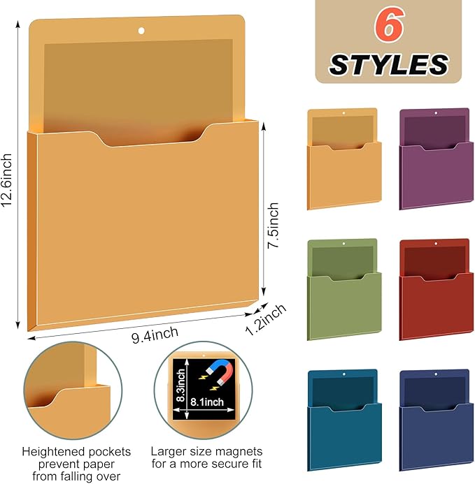 Fuutreo 6 Pcs Magnetic Wall File Organizer Magnetic Wall File Holder Refrigerator Magazine Holder for Mail Letters Paper(Dark Vintage,Vertical-large)