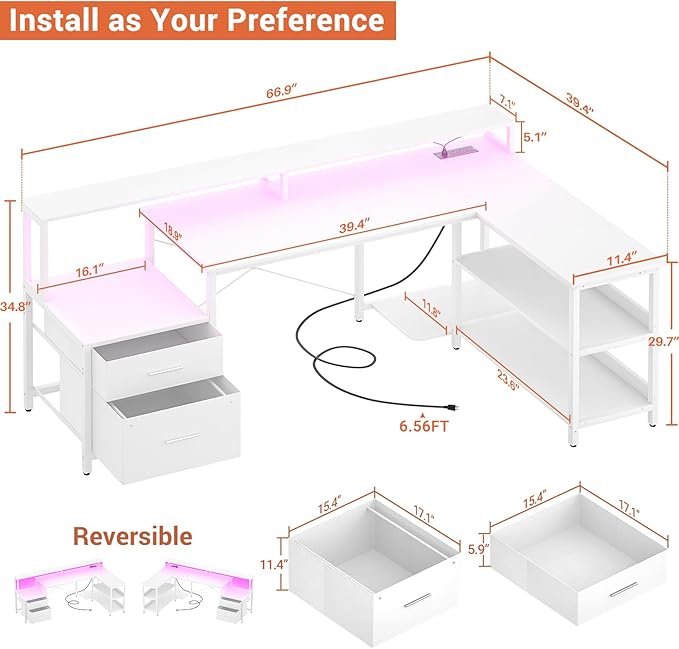 Aheaplus L Shaped Desk with Power Outlet, Reversible L Shaped Computer Desk with File Drawer & Monitor Stand, Gaming Desks with LED Strip, Home Office Desk with Storage Shelf, White