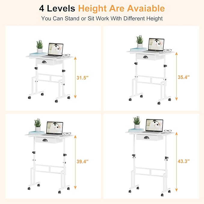 Cidaziya Adjustable Height Standing Desk for Walking Pad Treadmill, Portable Rolling Desk for Laptop with Drawer, Small Moblie Sit to Stand Desk On Wheels with Stiffener for Home Office Dorm Bedroom