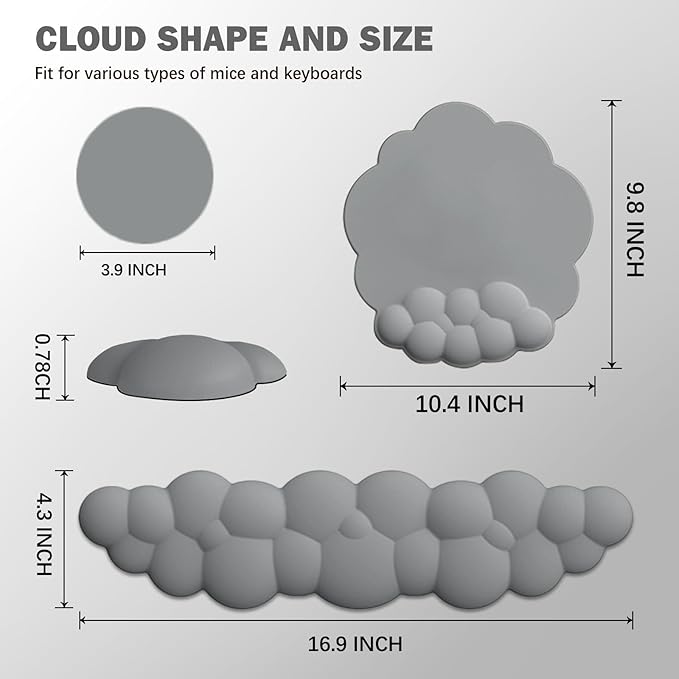 Cloud Keyboard Wrist Rest and Mouse Pad with Wrist Support Set, Ergonomic PU Leather Mouse Pads, Pain Relief Memory Foam Non-Slip Mousepad for Computer,Laptop,Grey
