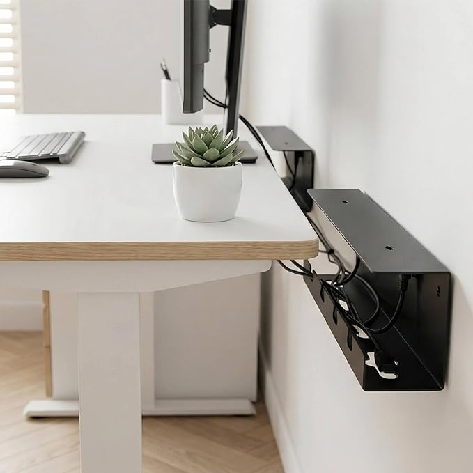 Ovanmexis Under Desk Cable Management Tray (2-Pack) with Quick-Release Mount - Snap-On Tool-Free, Includes Magnetic Cable Clips & Straps, No Drill Hidden Base for Home Office Standing Desk (White)
