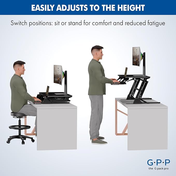 36″ Wide Standing Desk Converter – Sit-to-Stand Workstation for Dual Monitors, Height Adjustable Up to 17.3″ with Large Keyboard Tray – Black