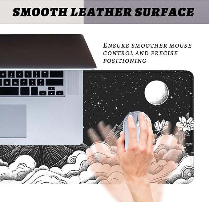 Moon Mountain Gaming Mouse Pad Black White Landscape Zen Mountain Mousepad Extended Large Laptop Keyboard Non-Slip Rubber Base with Stitched Edges 31.5x11.8 Inch