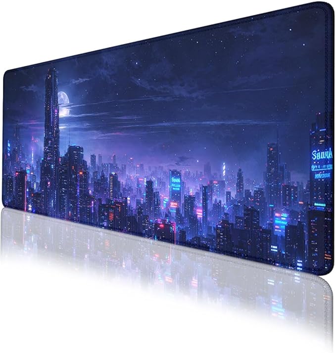 Neon City Gaming Mouse Pad Night Skyline Extended Gaming Mouse Pad Mat with Stitched Edge Non-Slip Base Office Computer Keyboard Laptop 31.5"x11.8"