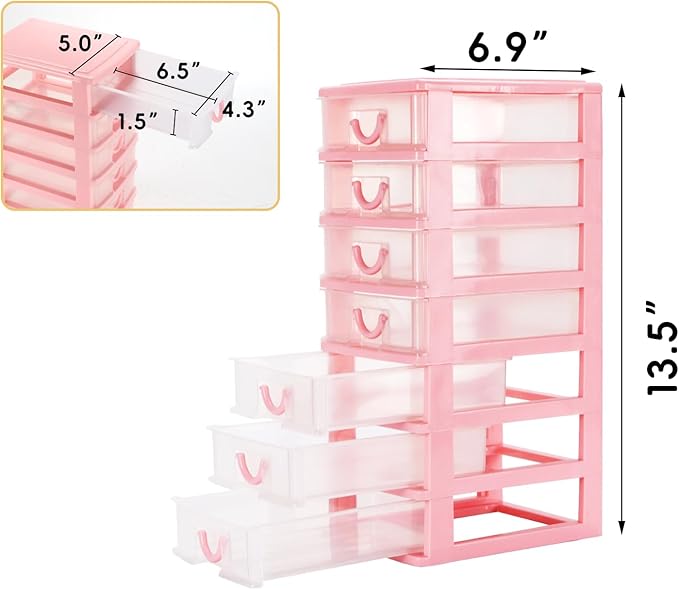 Rempry Mini Plastic Organizer with 7 Clear Drawers, 7.1"x5.1"x13.2" Small Storage Drawers Containers for Desk, Counters, Cabinets, Pink
