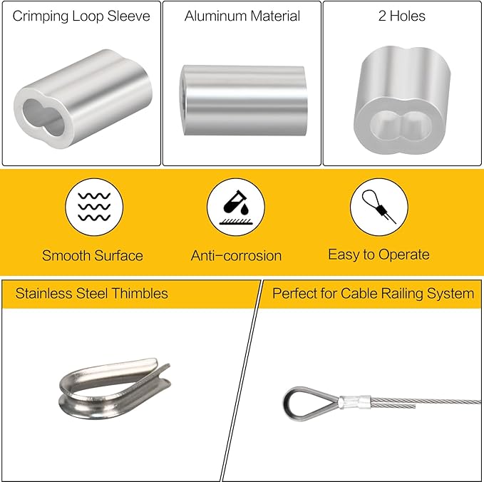 328ft Wire Rope, 1/16" Stainless Steel Wire Rope Cable with Aluminum Crimping Sleeves and Stainless Steel Thimbles for Railing, Decking, Picture Hanging