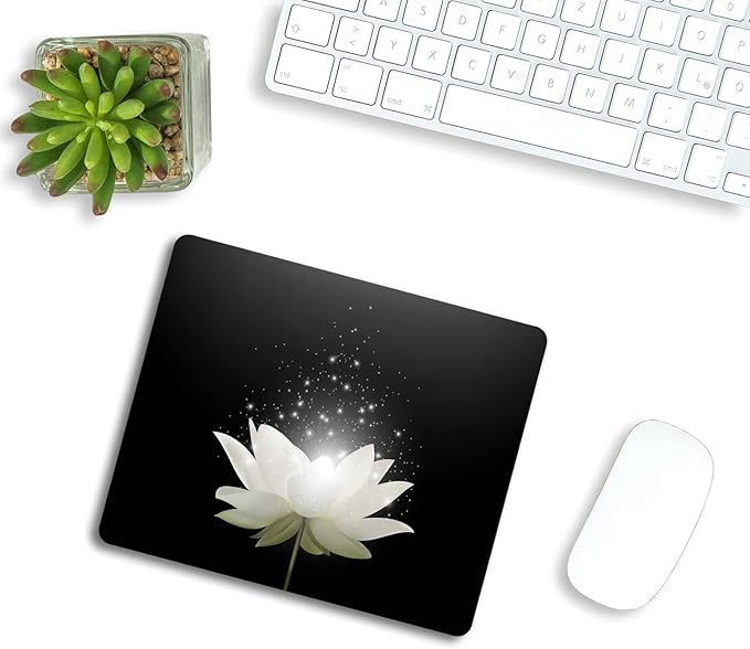 Floral Mouse Pad, Magic White Lotus Flower on Black Background Customized Non-Slip Rubber Base Mousepads, Computer Mouse Pads for Wireless Mouse 9.5×7.9×0.12 inches