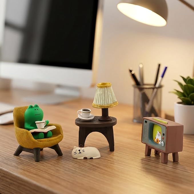 Miniature Tabletop Figurine Set, Cute Mini Frog and Cat Figurine with Small Sofa TV Table Lamp for Home Office Bedroom Shelf Desk Decorative, Frog Cat Lovers Birthday Gift(Color:Multicolor)
