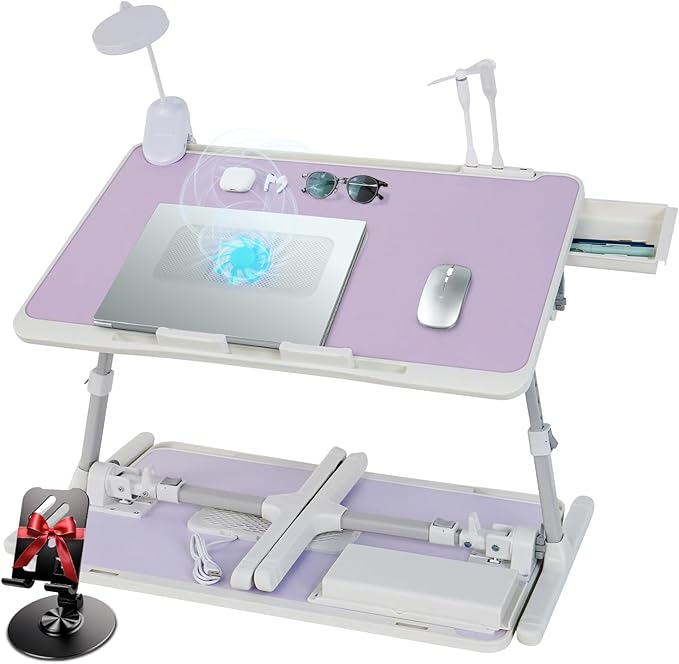 iXTRA Laptop Lap Desk Include Cooling Fan,Adjustable Lap Desk with Light Fan,Folding Laptop Desk for Bed with USB,Bed Desk with Storage Drawer 60x40cm,Purple