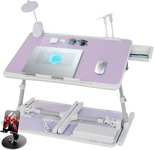 iXTRA Laptop Lap Desk Include Cooling Fan,Adjustable Lap Desk with Light Fan,Folding Laptop Desk for Bed with USB,Bed Desk with Storage Drawer 60x40cm,Purple