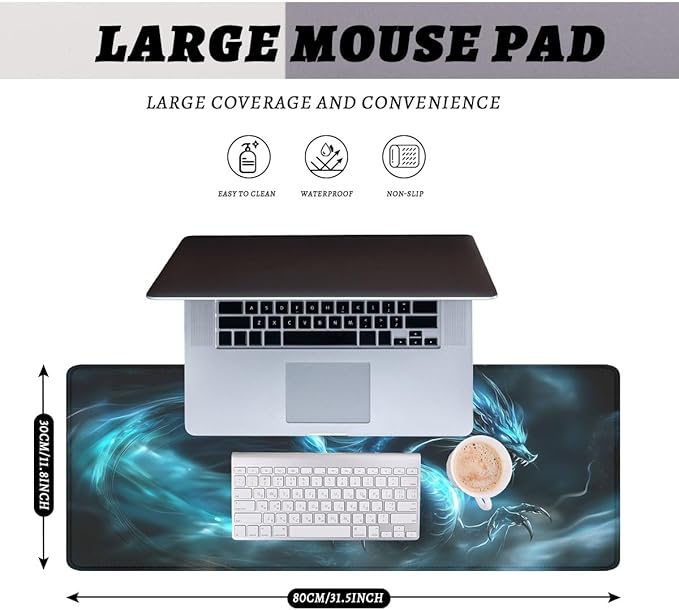 Blue Dragon Mouse Pad, Dark Fantasy Fire Dark Art Gaming Desk Mat with Stitched Edges,Non-Slip Waterproof Rubber Base Mouse Mat, 31.5x11.8in Mouse Pads for Desk Home Office Gaming