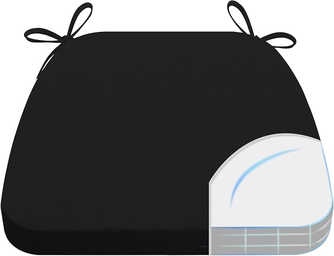 AAAAAcessories D-Shaped Chair Cushions, 2" Thick Dining Chair Pads with Ties and Removable, Machine-Washable Cover, 17" x 16", Black