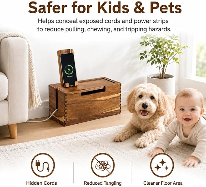 Wooden Cable Management Box with Detachable Phone Stand, Cord Organizer Box for Power Strip & Charger, Ventilated Wire Storage Box with Storage Tray for Desk, Nightstand & Home Office (Brown)