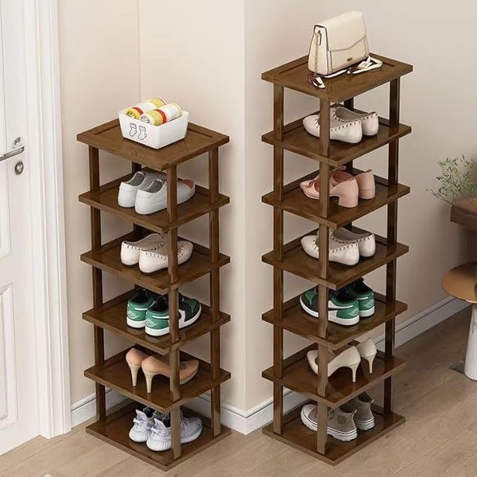 AFOORD Vertical Shoe Rack-Tall Narrow Shoe Rack Organizer for Small Spaces,12Tier Bamboo Shoen Shelf for Entryway,Closet,Corner,Doorway,Skinny Shoe Shelf Space Saving Shoe storage,Free Stackable DIY