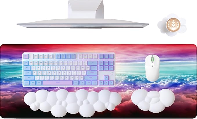 ATTACK SHARK 4 in1 Cloud Mouse Pad,Keyboard Wrist Rest,Mouse Wrist Rest Support,and Leather Coaster Set with Office Desk Mat,Non-Slip PU Desk Pad Memory Foam Ergonomic Pain Relief for Office and Home