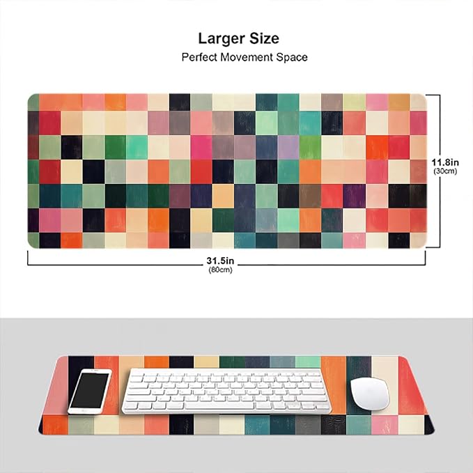 Colorful Checkerboard Gaming Mouse Pad Colorful Checkered Mousepad Extended Large Laptop Keyboard Non-Slip Rubber Base with Stitched Edges for Home Office Computer Keyboard Laptop 31.5x11.8 Inch