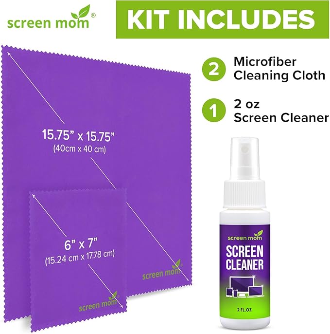 Screen Cleaner Spray and 2 Microfiber Cloths - 2oz Bottle by Screen Mom-Screen Cleaner Spray and Wipe for TV, Computer, Phone, iPad, Car Screen Cleaning Kit Electronic Cleaner Spray