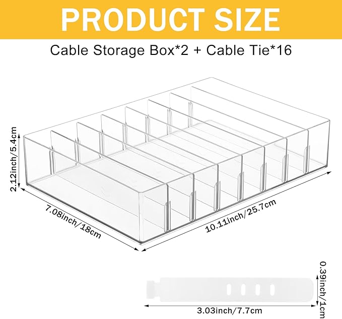 2Pcs Cable Charger Organizer Box with 16Pcs Wire Ties Large Plastic Cords Storage Organizer with Adjustable Compartments Electronics Organizer Stackable Cord Storage Box for Drawer Home Office, Clear
