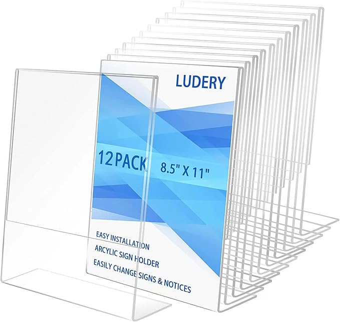 8.5x11 Inches Acrylic Sign Slant Back Holder, Plastic Display Stand,Brochure Holder, Table Top Sign Holder For Office, Home, Store, Restaurant(12pack)