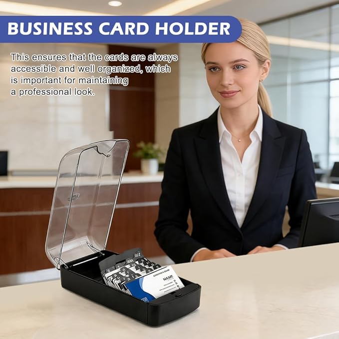 Business Card Holder, 350-Card Capacity Business Card File Plastic Storage Box with Transparent Tilted Lid, Dust-Proof Desktop Organizer for Office Reception(SIZE:M)