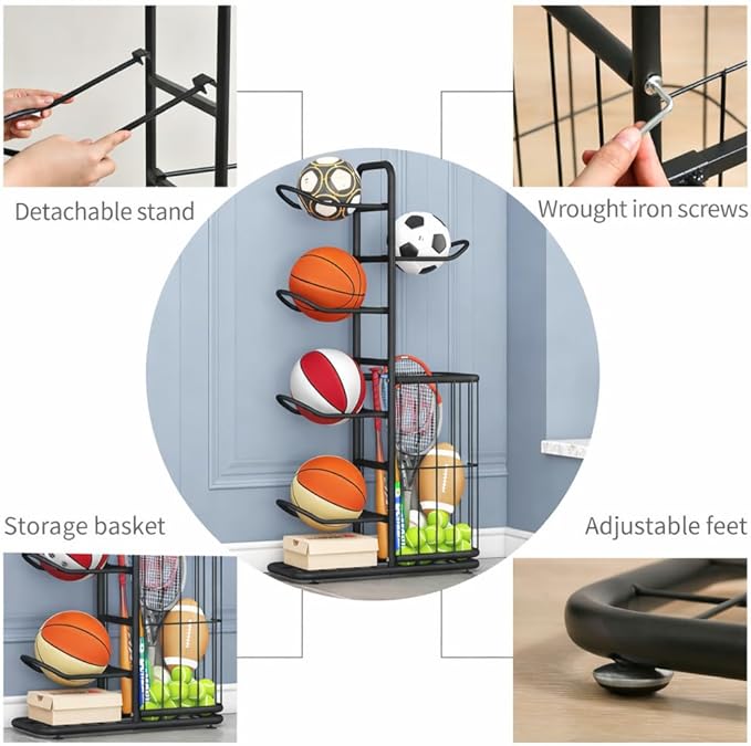 Sports Ball Storage Rack | Adjustable Vertical Stand for Basketball, Soccer, Volleyball & More | Durable Steel Organizer for Garage |5-Ball |45.7 inches, black