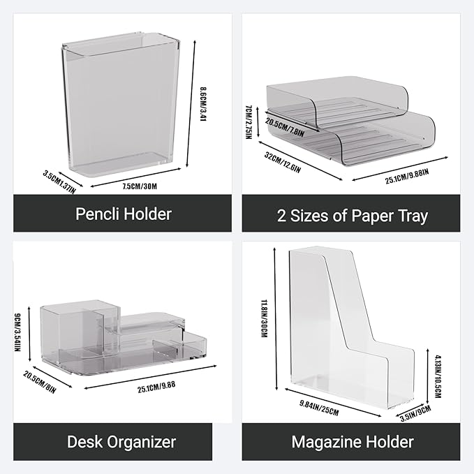 Clear Desk Organizer Set – 6-Piece Desktop Organizer with File Tray, Small Tray, Desk Organizer, Pencil Holder & 2 Magazine Holders – Plastic Office Supply Organizer for Home, School & Office