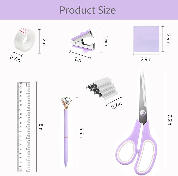 Office Supplies,School Supplies,Purple Desk Accessories,Desk Organizer,Scissors,Stapler,Tape Dispenser,Binder Clips,Staples,Staple Remover,Sticky Notes,Clear Tape,Pen,Ruler,Best Gift,11pcs