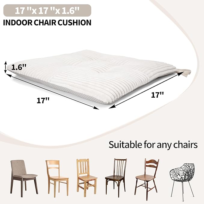 Office Stacking Chair Cushion with Ties, Corduroy High Density Foam Non-Slip Kitchen Seat Cushion, Square 17" x 17" Indoor Dining Chair Pads, White, 1 PCS