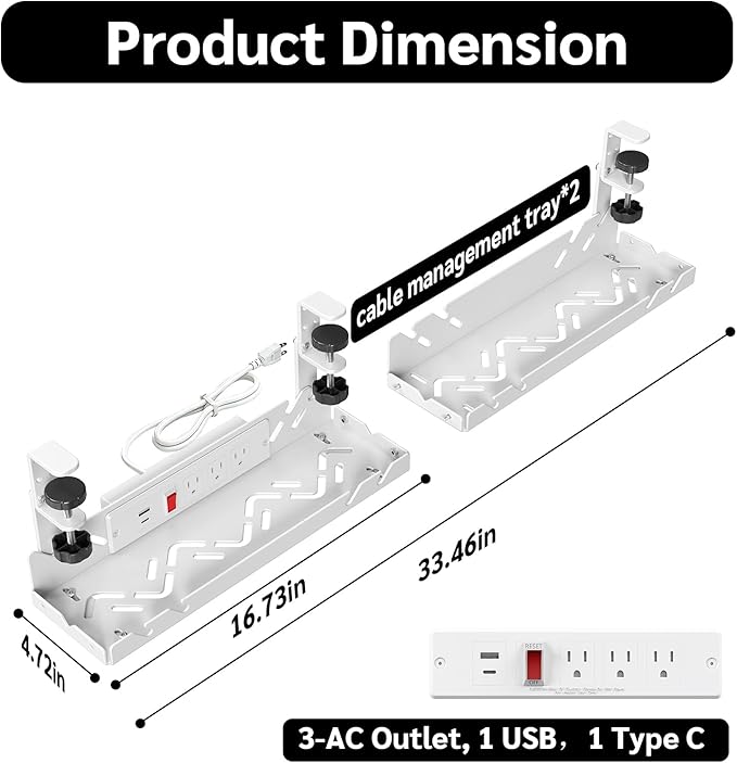 Extended Metal Under Desk Cable Management Tray with Power Outlet, No-Drill Wire Organizer with Clamp, Cord Storage Raceway for Desk Cable Management for Office Home (White)