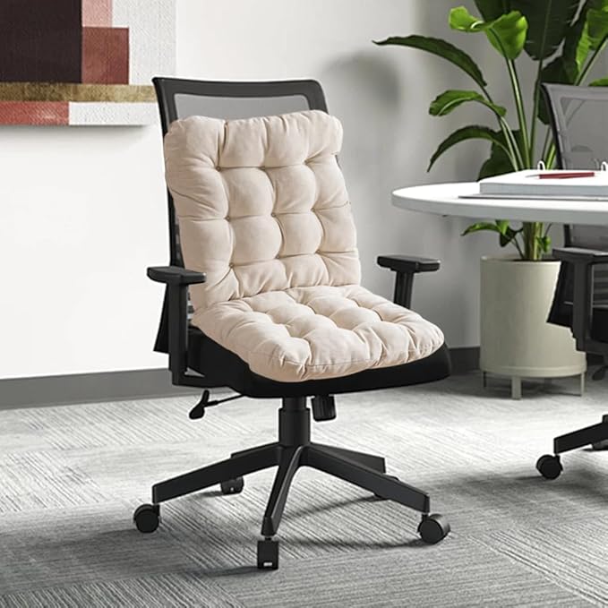 Desk Chair Cushion,Non-Slip Office Chair Pad with Ties,Soft Seat Cushion with High Back Support for Dorm,Car,Dining Room,Kitchen,Rocking Chairs (Beige)