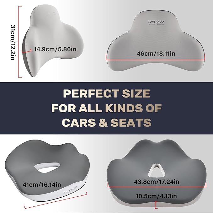 Coverado Seat Cushion and Lumbar Support Pillow for Car Office Chair, Ergonomic Memory Foam Desk Chair Cushion Back Support Pillow, Sciatica & Back & Tailbone Pain Relief Cushion-Black&Gray