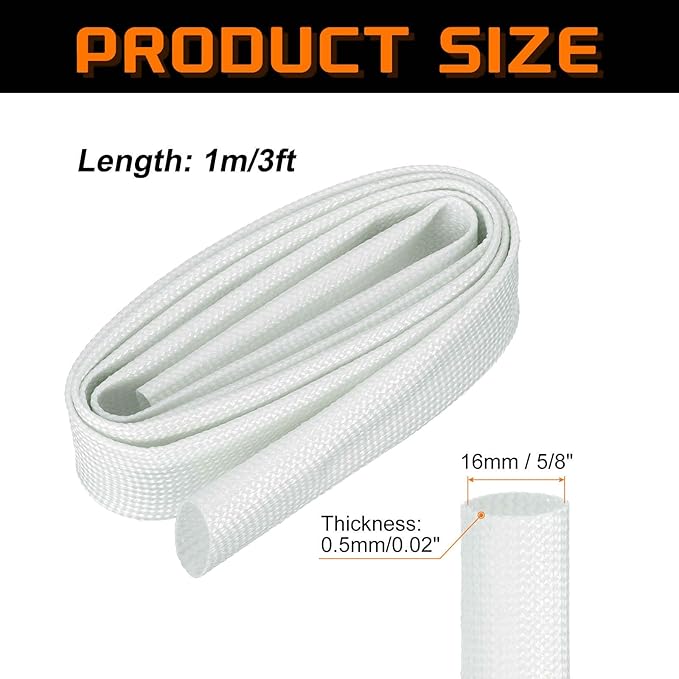 MECCANIXITY 3ft Braided Cable Sleeve, 5/8" ID 200C Heat Resistant 1500V Fiberglass Wire Insulation Cord Protector Organizer Wires Management for Motor Engine Fuel Line, White