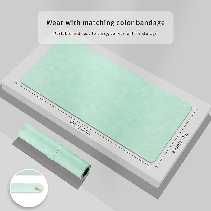 Desk Pad Soft PU Leather Large Mouse Pad Laptop Computer Desk Mat Table Blotter Flat Smooth Waterproof Non-Slip Desktop Protector Writing Pad for Office and Home (Light Green, 80x40cm)