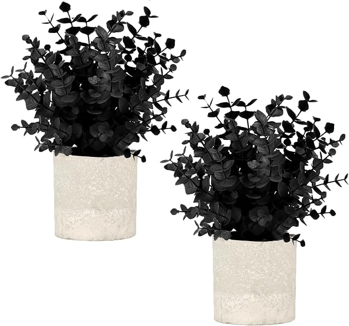 Velener 2 PCS Small Fake Eucalyptus Plant Artificial Potted Plants Indoor for Christmas Decor Indoor Realistic Faux Plant for Office, Bathroom, Living Room, Desk, Shelf, Home Decor (Black)