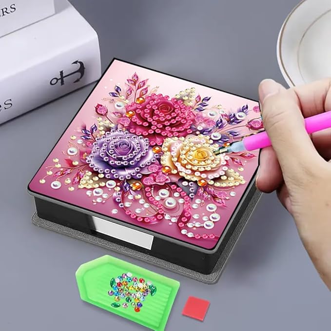FRANDEK Beautiful Rose Diamond Art Note Box DIY Set, Sticky Notes Holder with 160 Refills, Love Theme Desk Organizer Gift for Valentine'Day Anniversary Romantic Office & Home Decor