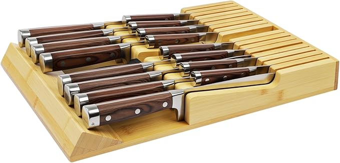 Bamboo Kitchen Drawer Knife Holder, In-drawer Knife Block, Knife Drawer Organizer fit for 16 knives and 1 steel sharpening