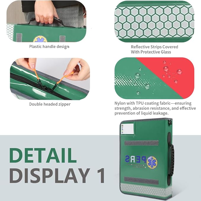 Durable Waterproof Medical Folder with Detachable Writing Board & Reflective Strips -A4 Document Bag for Emergency Care (Green)