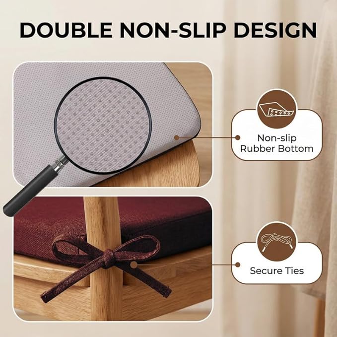Chair Cushions Set of 2, D-Shaped Seat Cushion for Chair, Non Slip Chair Pads with Ties, 17" x 16" x 2", 40D Foam, Removable Washable Cover, Seat Cushions for Kitchen Chairs, Burgundy