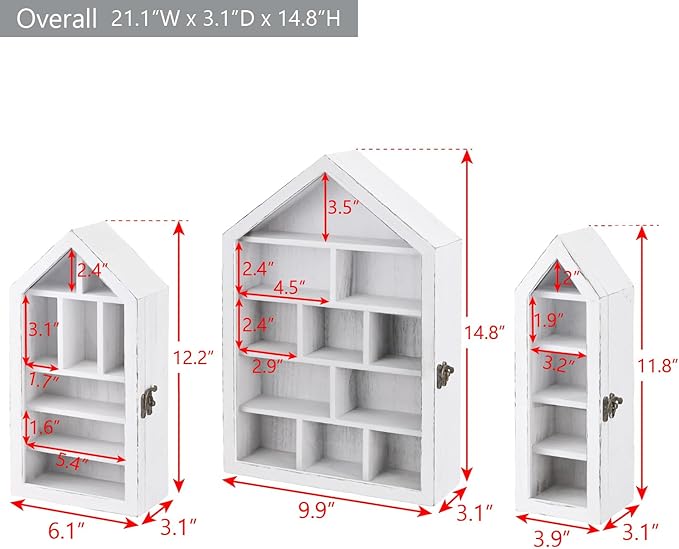 Ikee Design 3 Pcs Set Wall-Mounted House-Shaped Wooden Shadow Cubby Box Display Shelf with Door Storage Display Case for Collectibles, Trinkets, Mini Figures, Antique White, 21.1W x 3.1D x 14.8H in