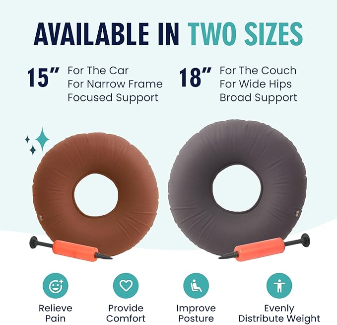 Dr. Frederick's Original Inflatable Donut Pillow - 15" Seat Cushion for Tailbone Pain, Hemorrhoids & Bed Sores – Doctor-Developed for Postpartum, Prostatitis & Travel - Odor-Free, Durable Vinyl - Red