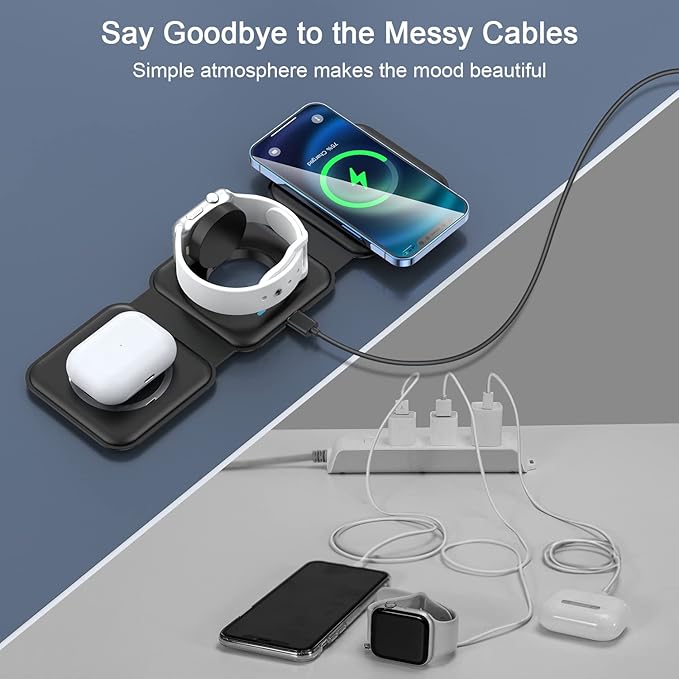 Wireless Charger 3 in 1,RTOPS Magnetic Traval Wireless Charging Station Multiple Devices,GaN 3 in 1 Charging Station,Compatible iphone17/16/15/14/13/Pro/Max,iWatch,AirPods4/3/2/Pro(Adapter Includes)