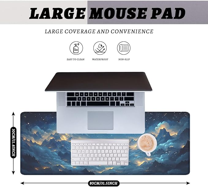 Stars Mouse Pad Night Clouds Mountains Rivers Sea Stars Large Gaming Mouse Mat with Stitched Edges,Non-Slip Waterproof Rubber Base Mous Mat 31.5x11.8 in