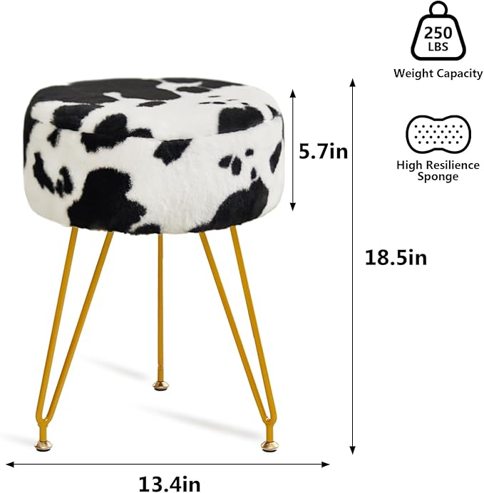 Velvet Vanity Stool, Modern Ottoman Foot Rest Stool with Adjustable Golden Legs, Makeup Chair for Vanity, Multifunctional Makeup Stool for Vanity, Small Vanity Chair for Bedroom, Cow