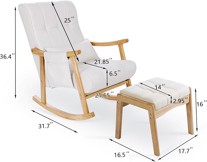 NOBLEMOOD Rocking Chair Indoor with Ottoman, Upholstered Rocking Chair with Lumbar Pillow, Side Pocket, High Back Solid Wood Frame Rocker with Footrest for Living Room