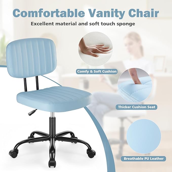 DUMOS Armless Home Office Executive Chair - Small Desk Chair with Low Back Lumbar Support, Height Adjustable PU Leather Computer Task Chair with 360° Swivel Wheels, for Adults, Blue