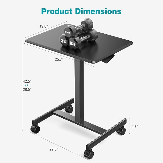 DUMOS Small Rolling Desk Mobile Standing Portable Laptop PC Table with Wheels, Adjustable Height Computer Workstation for Bedroom Study Use, Space Saving Home Office Desk, Modern Black